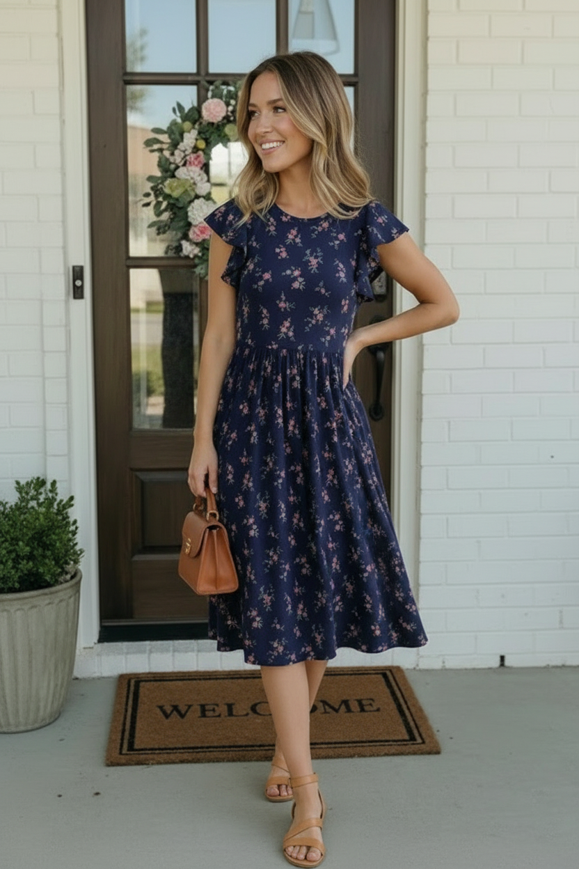 Haptics Navy Floral Flutter Sleeve Buttery Smooth Babydoll Midi Dress