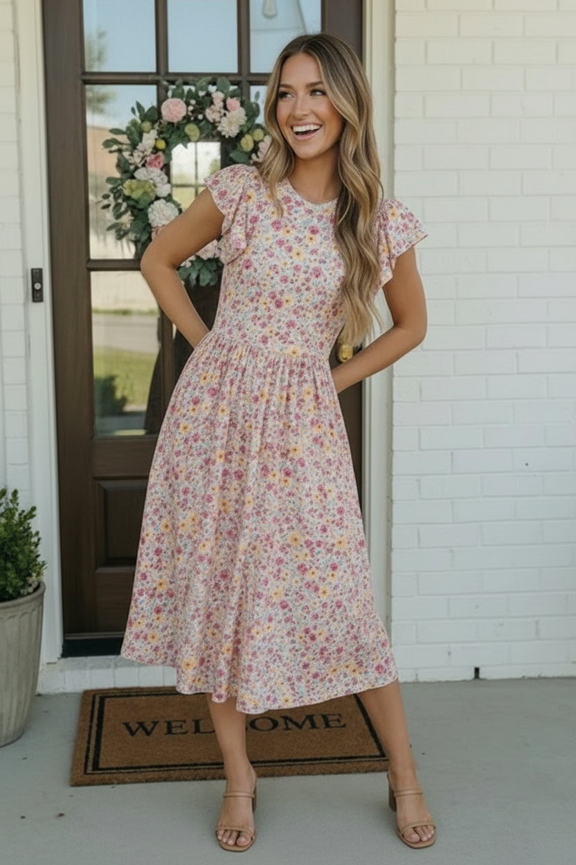 Haptics Flutter Into Spring Floral Buttery Smooth Babydoll Midi Dress