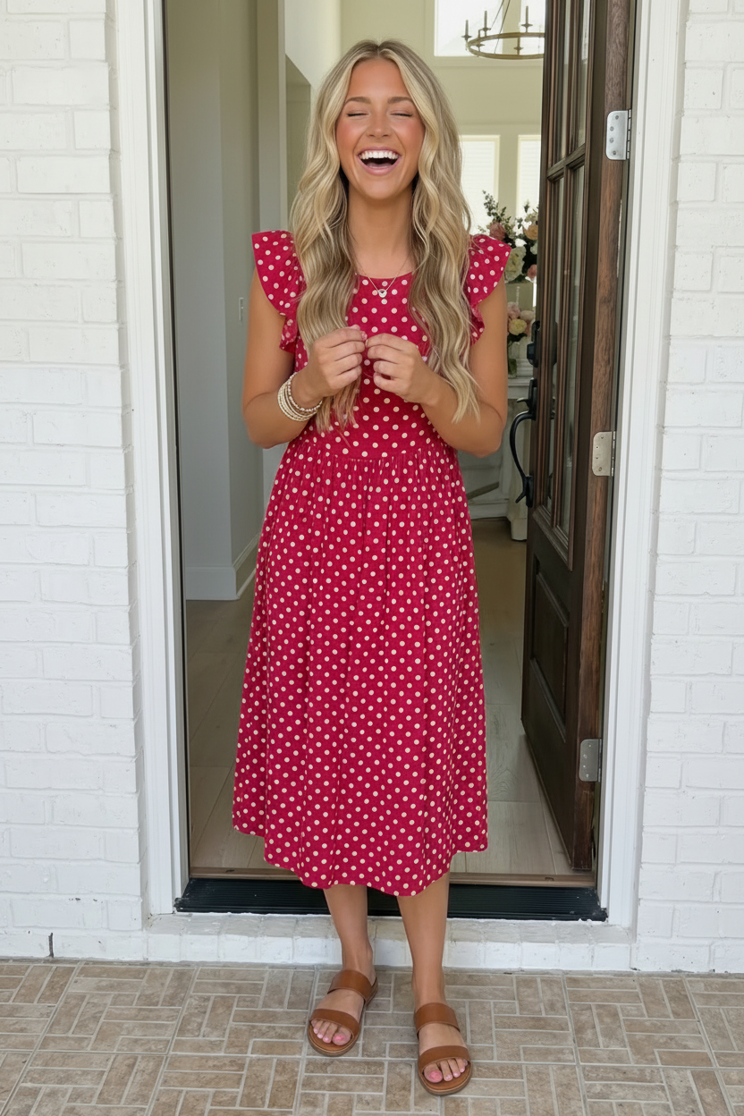 Haptics Sweet Days Polka Dot Ruffle Sleeve Midi Dress