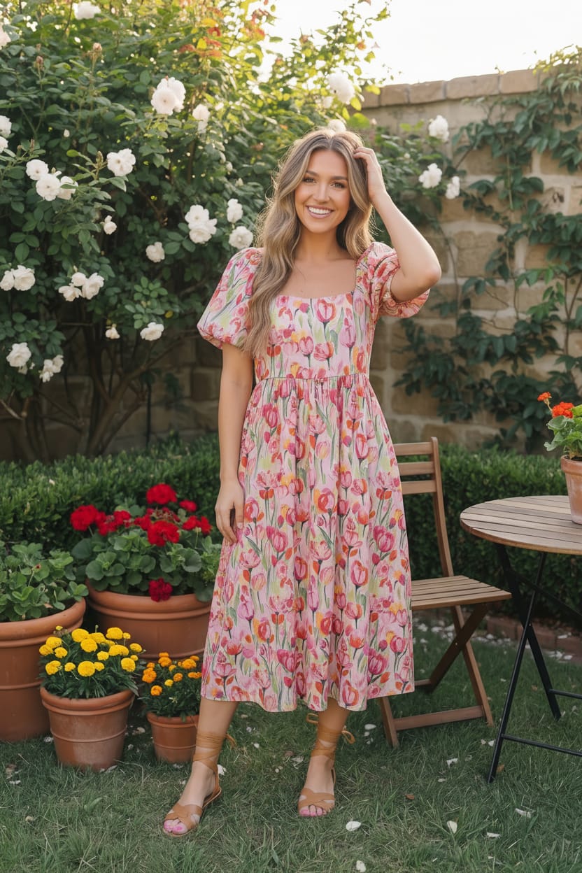 Haptics Bouquet of Tulips Pocketed Midi Dress