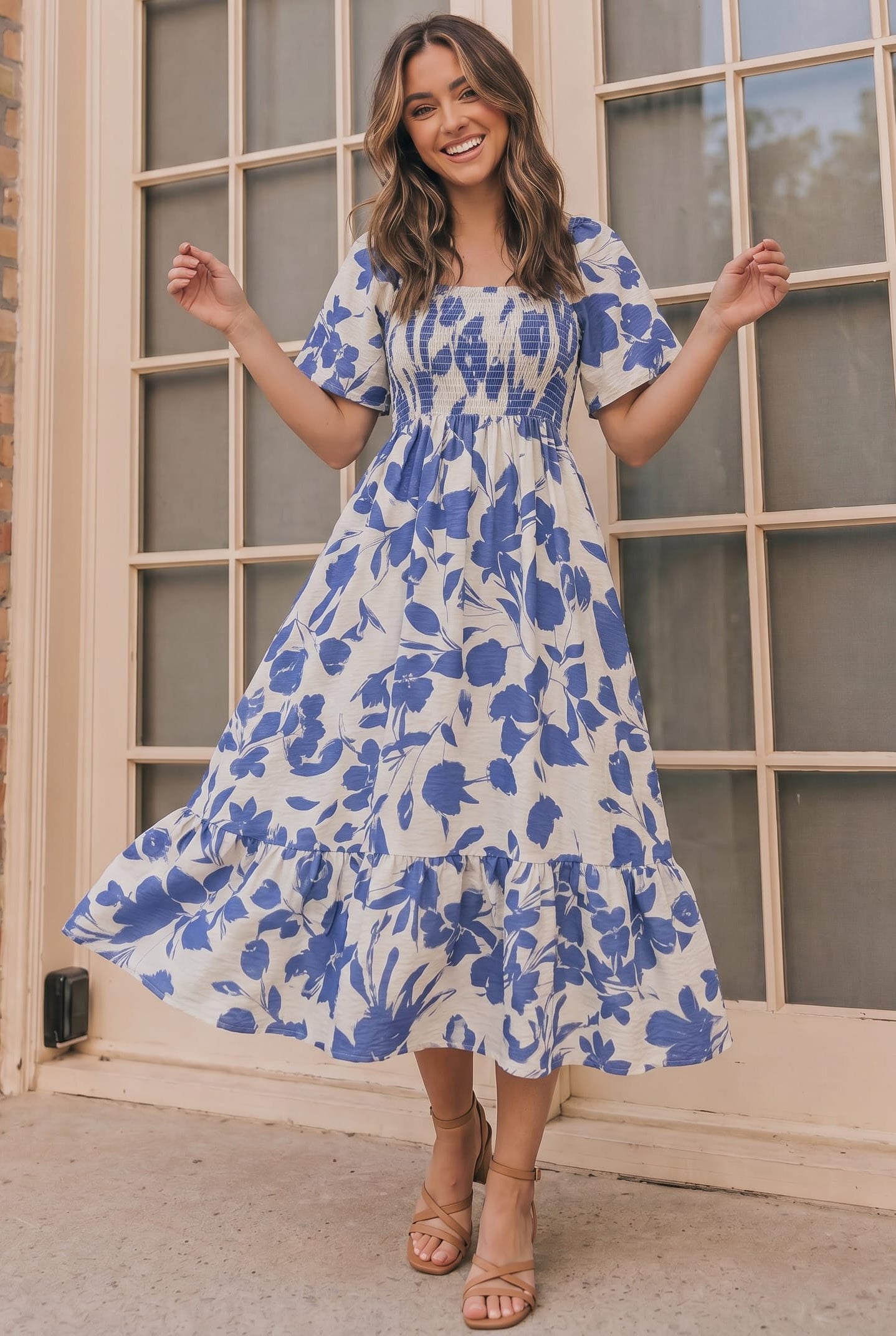 Haptics Blue Blooms & Sunshine Midi Dress