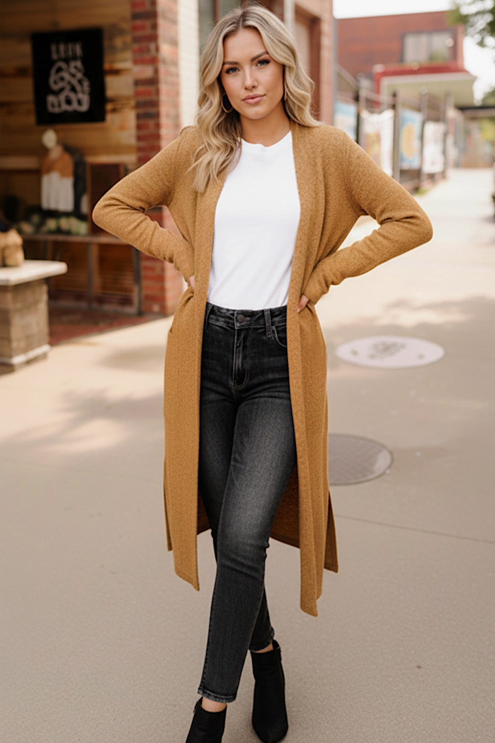 Haptics Butterscotch Two-Tone Hacci Open Duster Cardigan