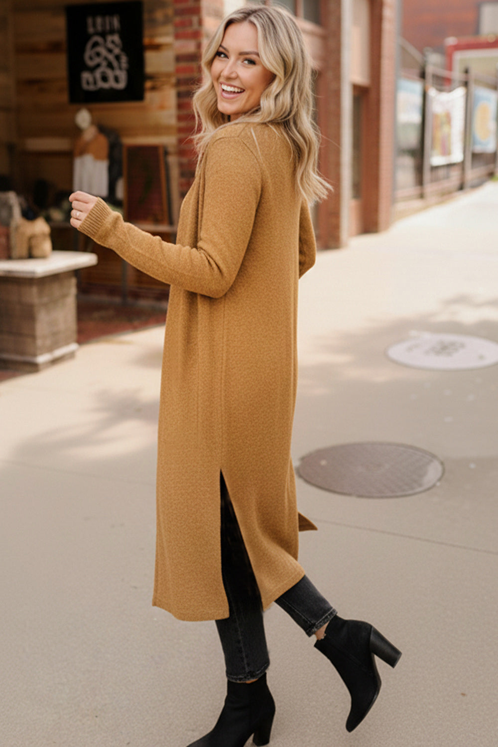Haptics Butterscotch Two-Tone Hacci Open Duster Cardigan