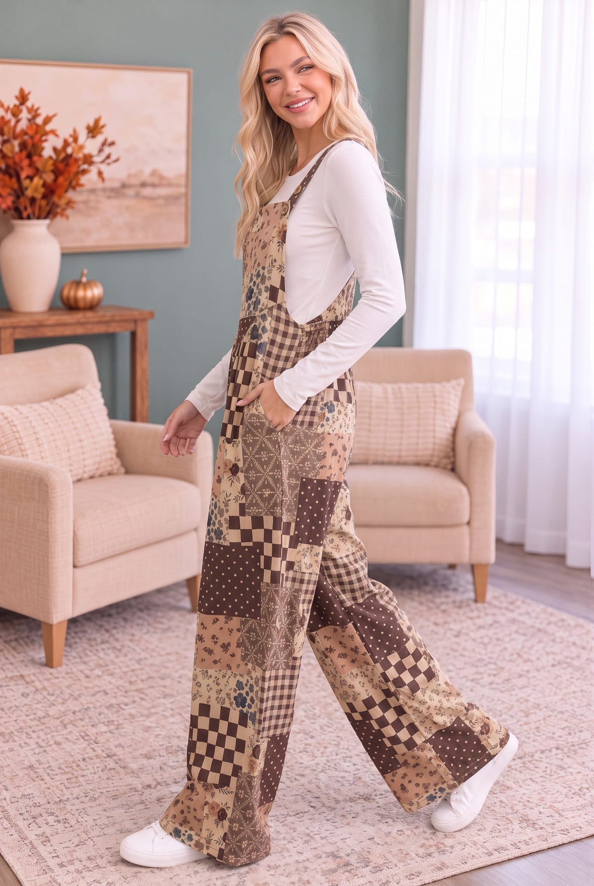 Haptics Cozy Patchwork Dreams Wide Leg Overall Set