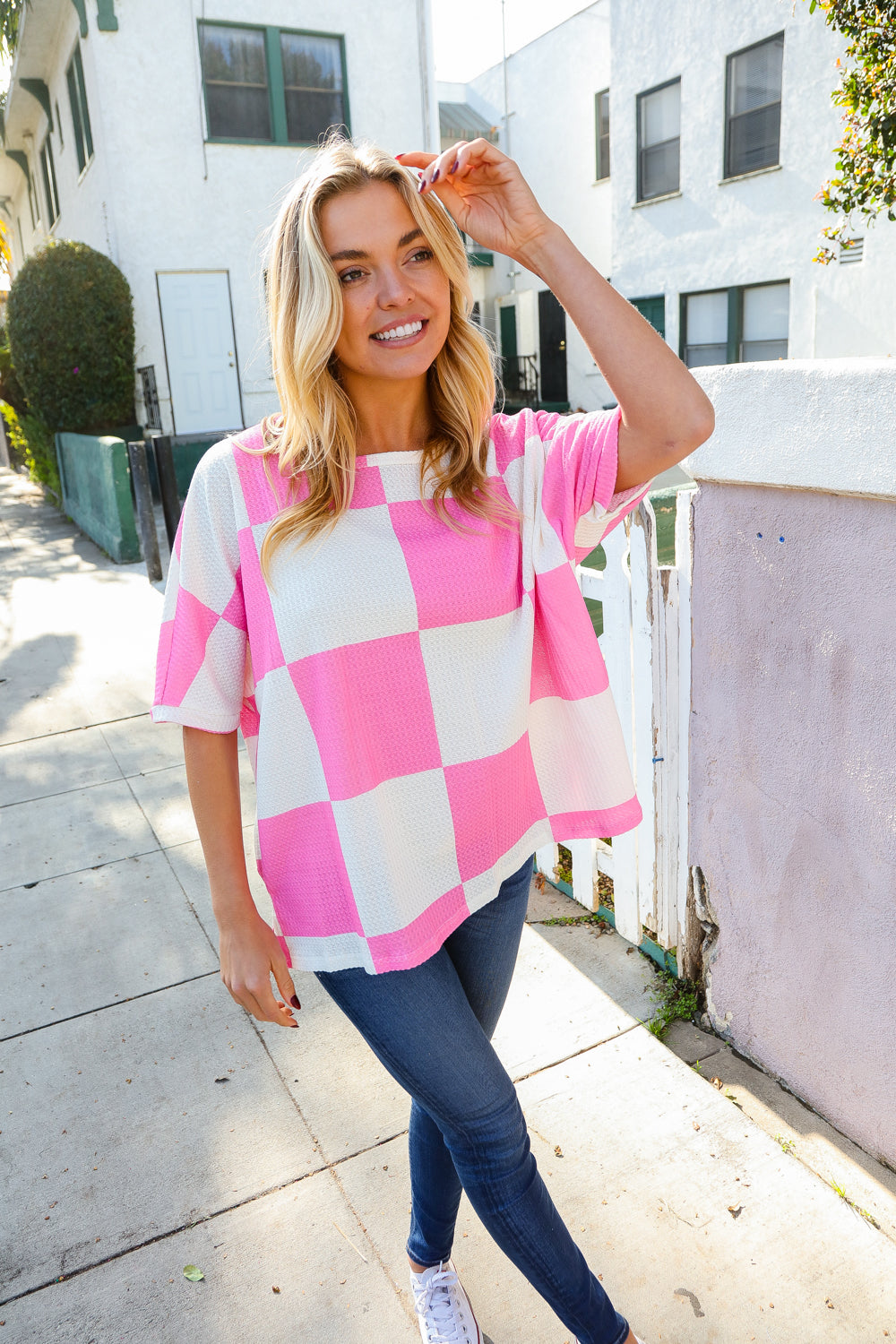 Hopely Pink & White Checker Print Waffle Knit Top