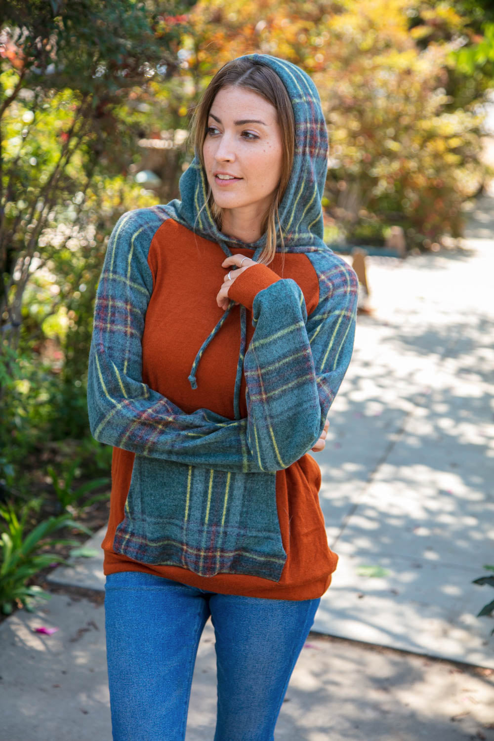 Haptics S, M Rust Cashmere Feel Plaid Raglan Hoodie Final Sale Haptics