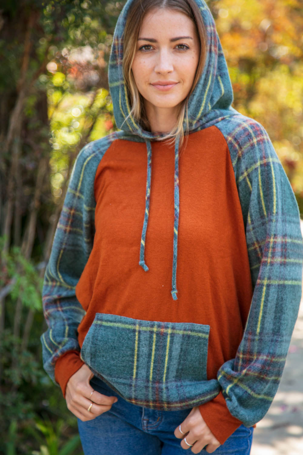 Haptics S, M Rust Cashmere Feel Plaid Raglan Hoodie Final Sale Haptics