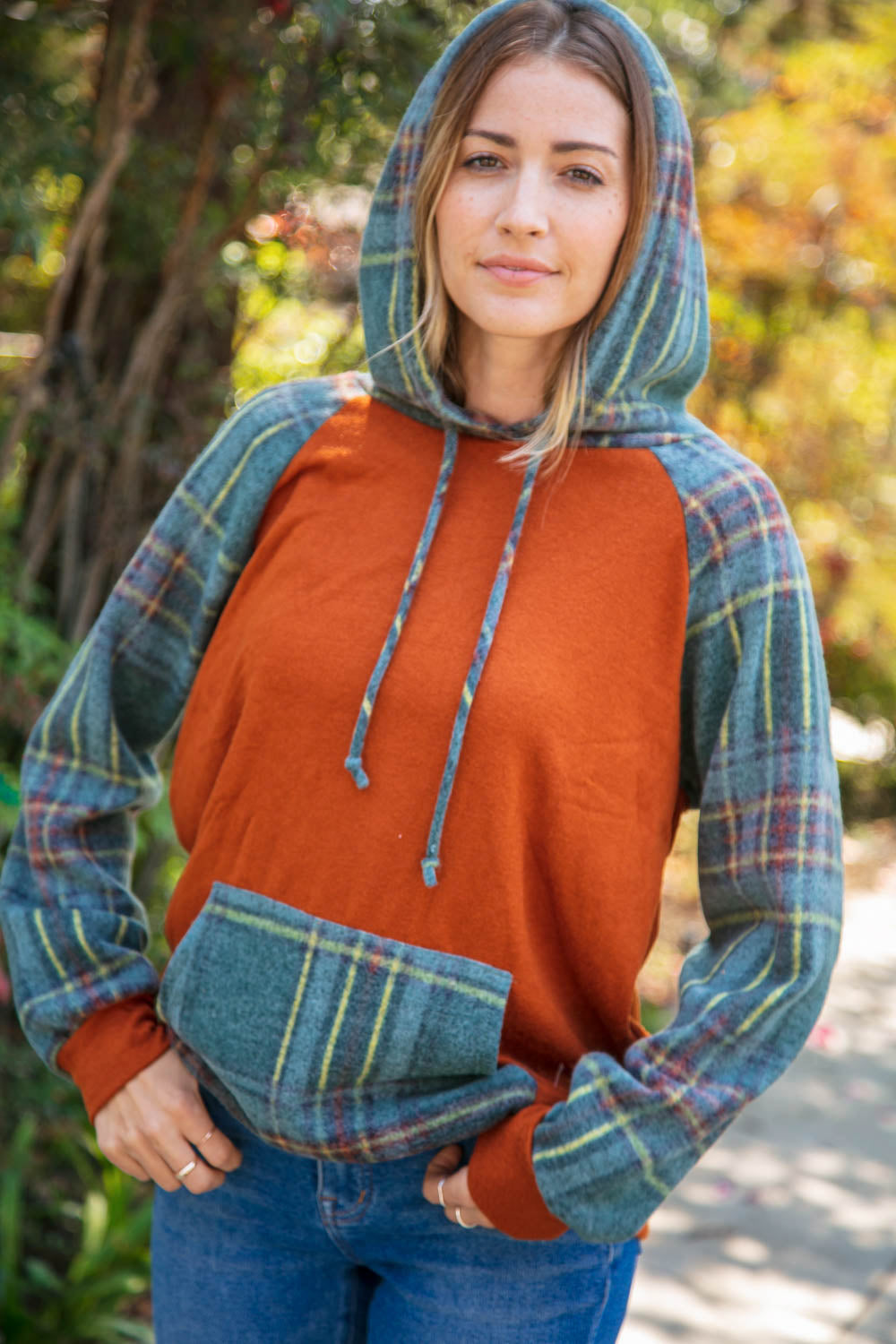 Haptics S, M Rust Cashmere Feel Plaid Raglan Hoodie Final Sale Haptics