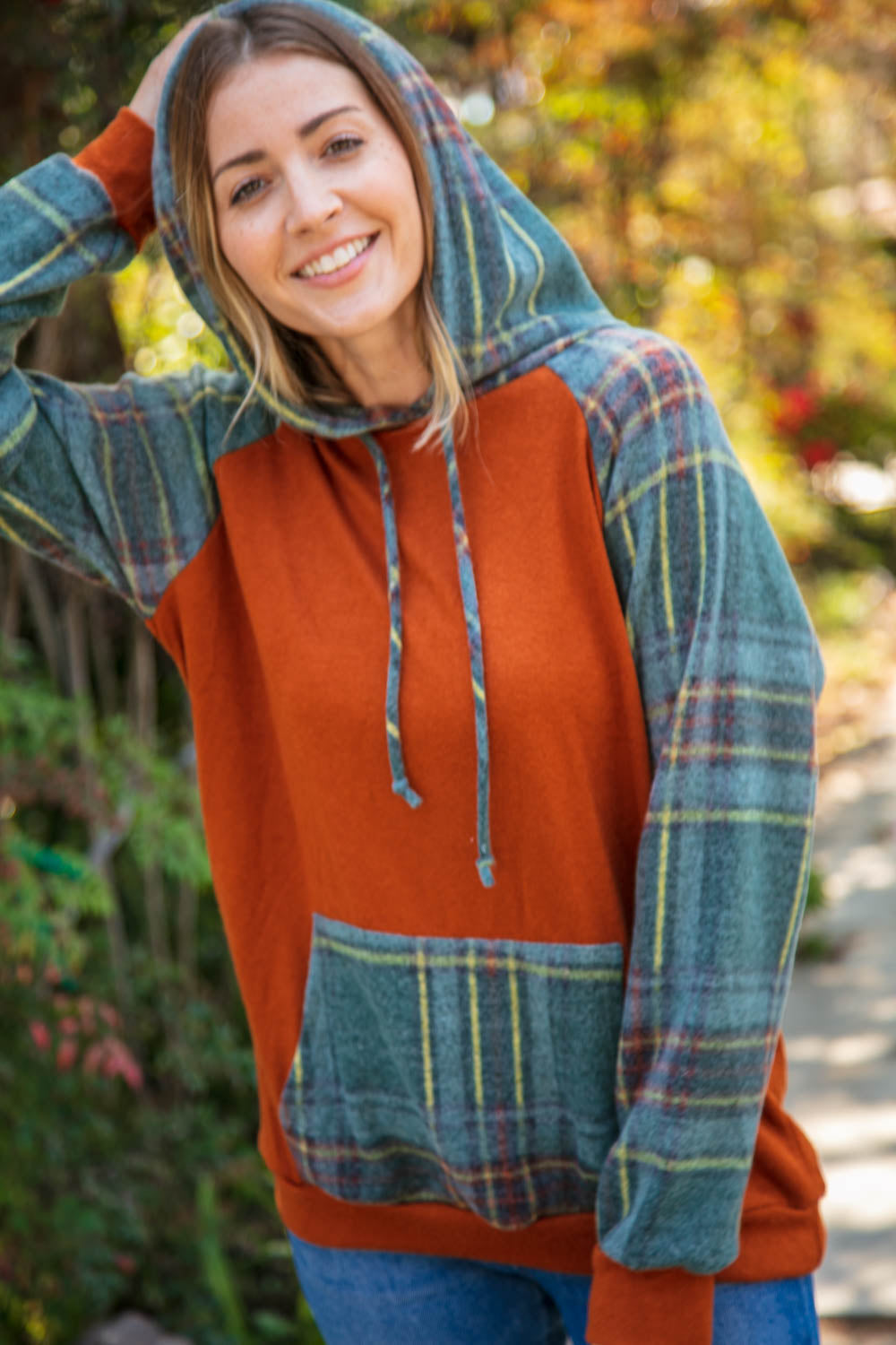 Haptics S, M Rust Cashmere Feel Plaid Raglan Hoodie Final Sale Haptics