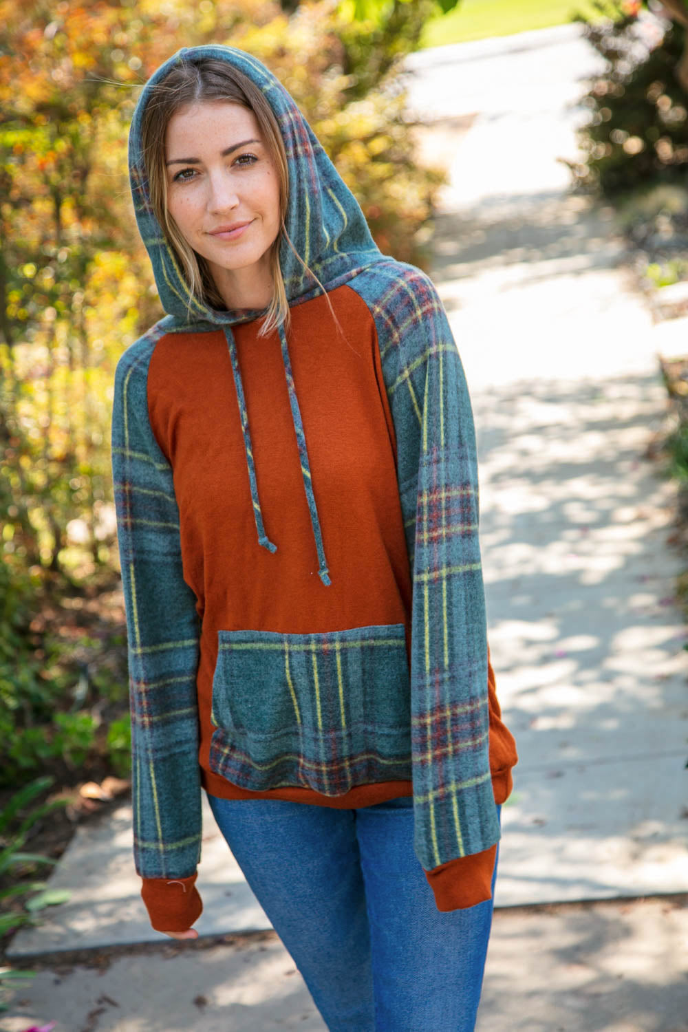 Haptics S, M Rust Cashmere Feel Plaid Raglan Hoodie Final Sale Haptics