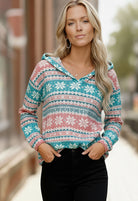 Haptics Teal/Red/White Snowflake Print Brushed Hacci Hoodie Pullover