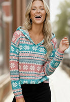 Haptics Teal/Red/White Snowflake Print Brushed Hacci Hoodie Pullover