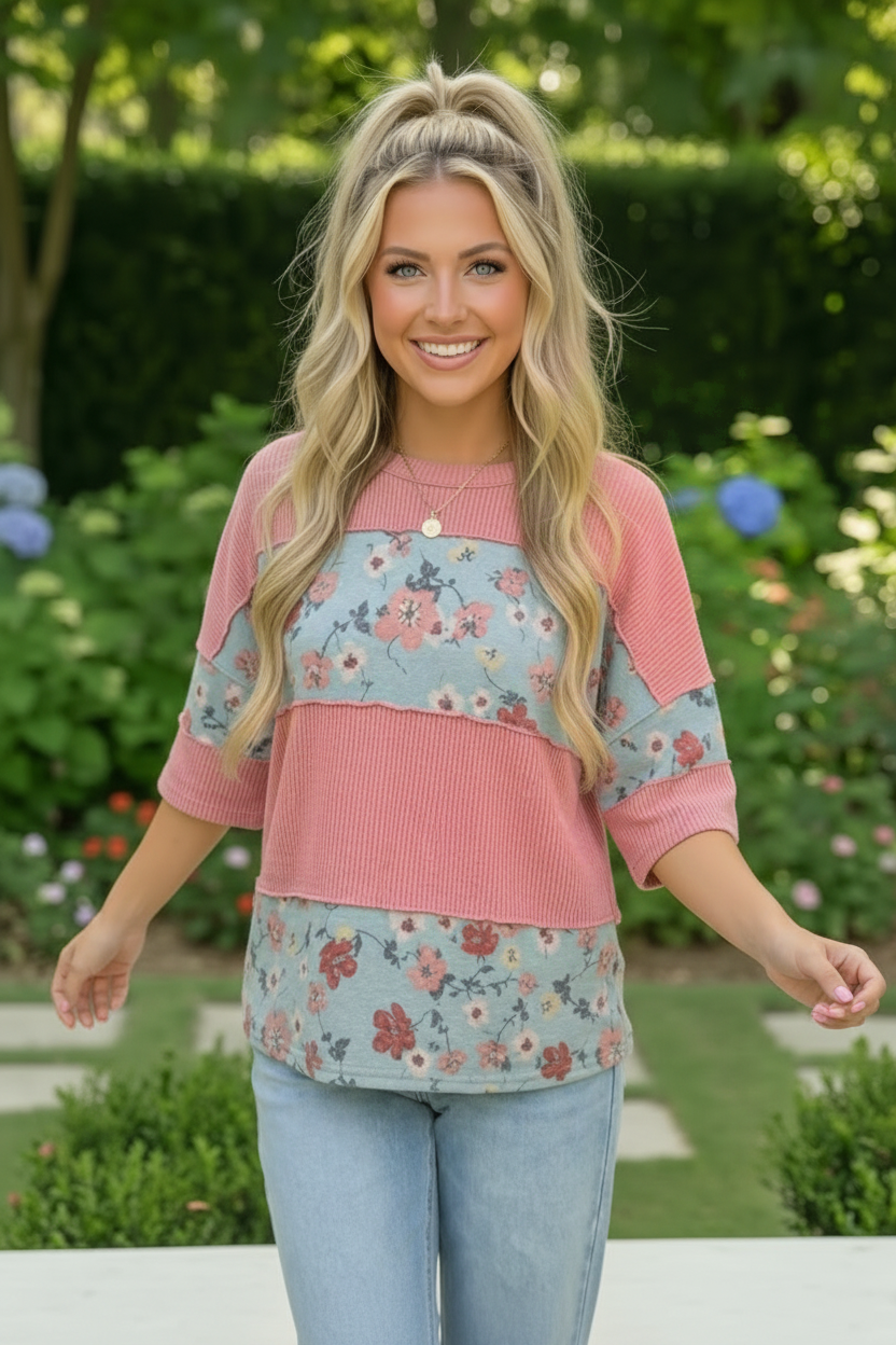 Haptics Garden Party Floral Wave Ribbed Colorblock Top
