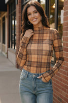Haptics Butterscotch High Neck Plaid Mesh Semi-Sheer Top