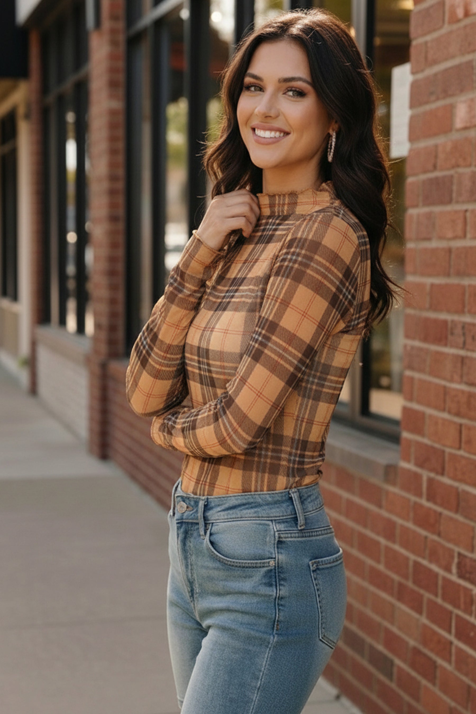 Haptics Butterscotch High Neck Plaid Mesh Semi-Sheer Top