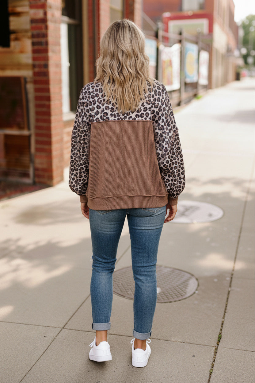 Haptics Leopard Print Crew Neck W/triangle Detail Drop Pullover Top