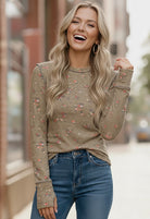 Haptics Olive Floral Knit Top with Thumb Holes