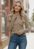 Haptics Olive Floral Knit Top with Thumb Holes
