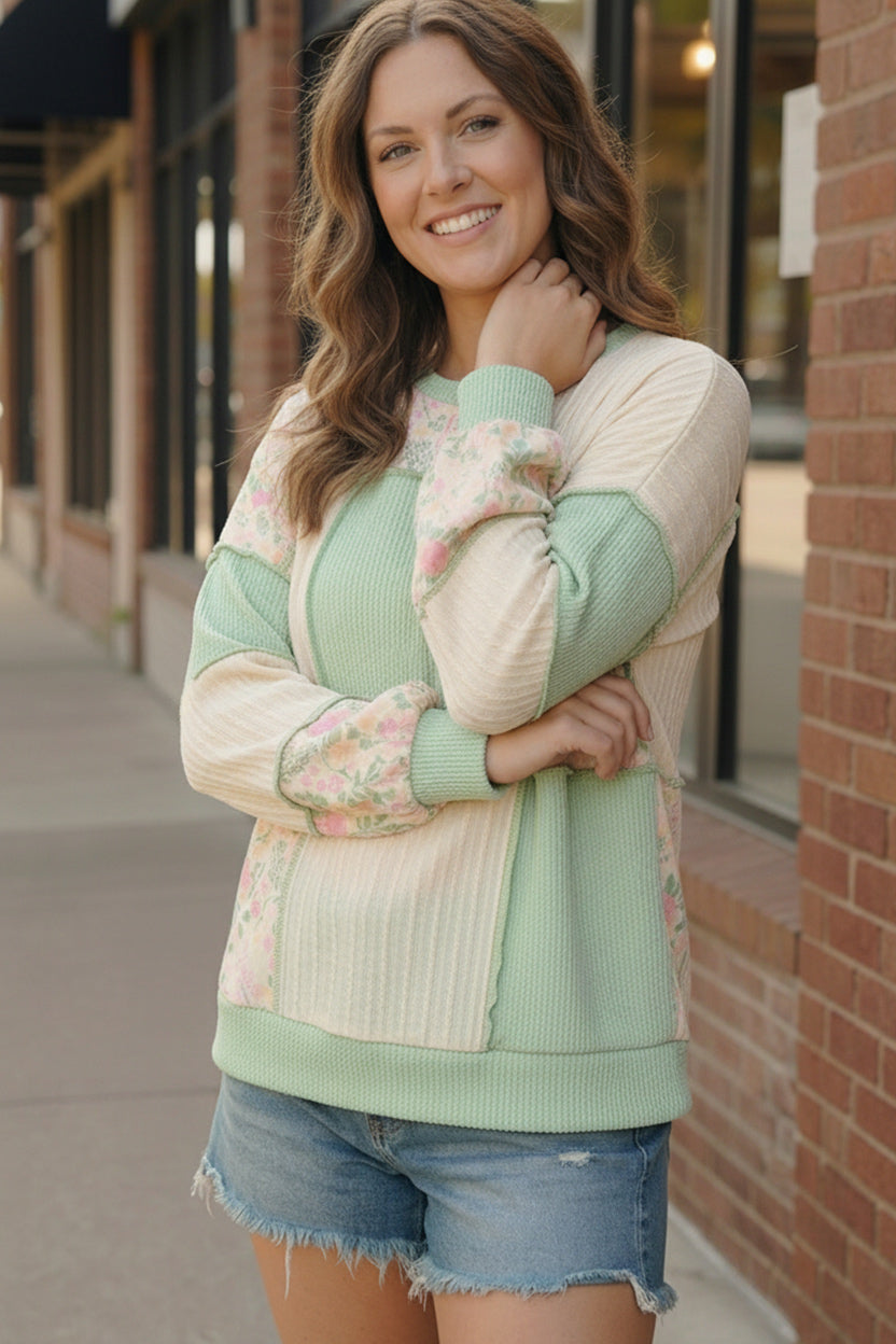 Haptics Mint Round Neck Bubble Long Sleeve Rib Cable Knit Floral Print French Terry Color Block Patchwork Pullover Knit Top