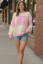 Haptics Pink Round Neck Bubble Long Sleeve Rib Cable Knit Floral Print French Terry Color Block Patchwork Pullover Knit Top