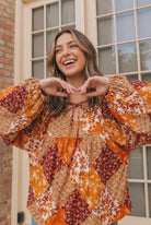 Haptics Autumn Patchwork Boho Blouse in Rust