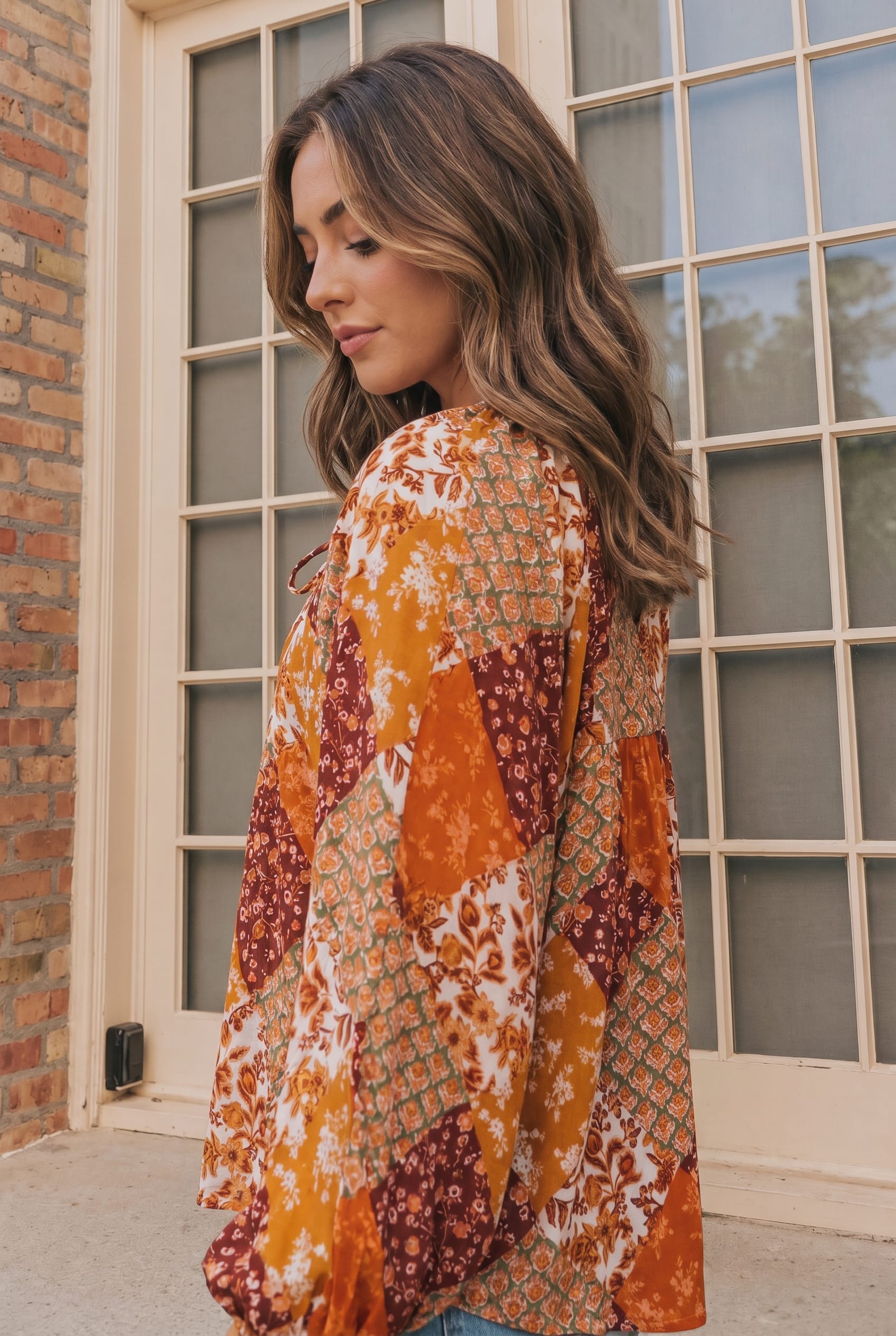 Haptics Autumn Patchwork Boho Blouse in Rust