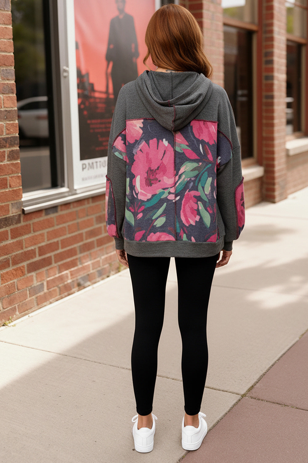 Haptics Charcoal Floral Color Block French Terry Hoodie