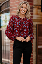 Haptics Burgundy Ribbon Detail Yoke Bubble Long Sleeve Floral Print Woven Blouse