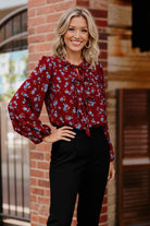 Haptics Burgundy Ribbon Detail Yoke Bubble Long Sleeve Floral Print Woven Blouse