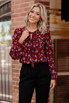Haptics Burgundy Ribbon Detail Yoke Bubble Long Sleeve Floral Print Woven Blouse