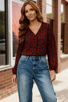 Haptics Mixed Leaf & Zig-Zag Print V-Neck Blouse – Black/Orange