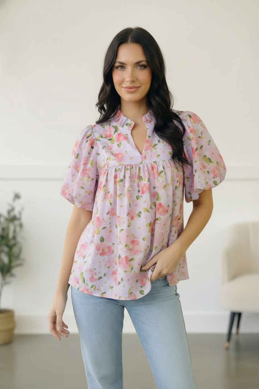 Haptics Frilled Notch Neck Floral Woven Posey Blouse