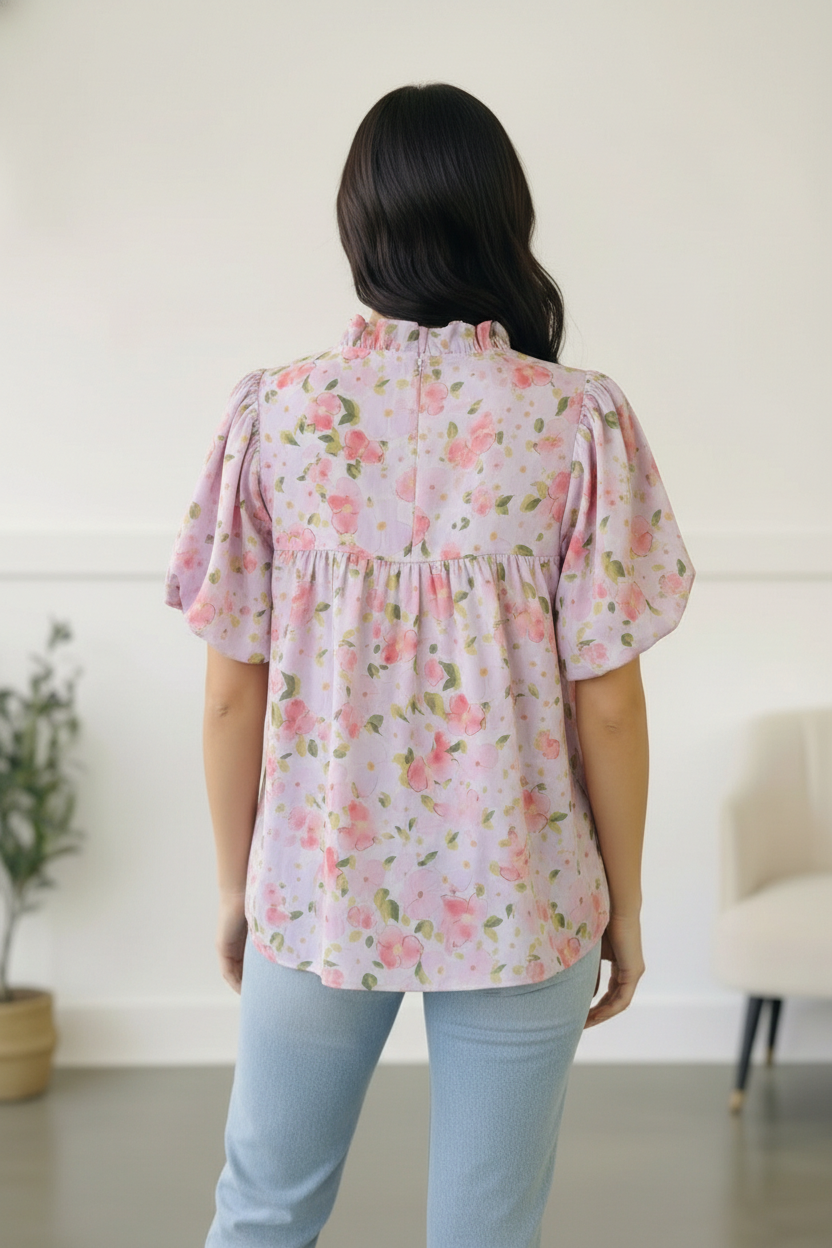 Haptics Frilled Notch Neck Floral Woven Posey Blouse
