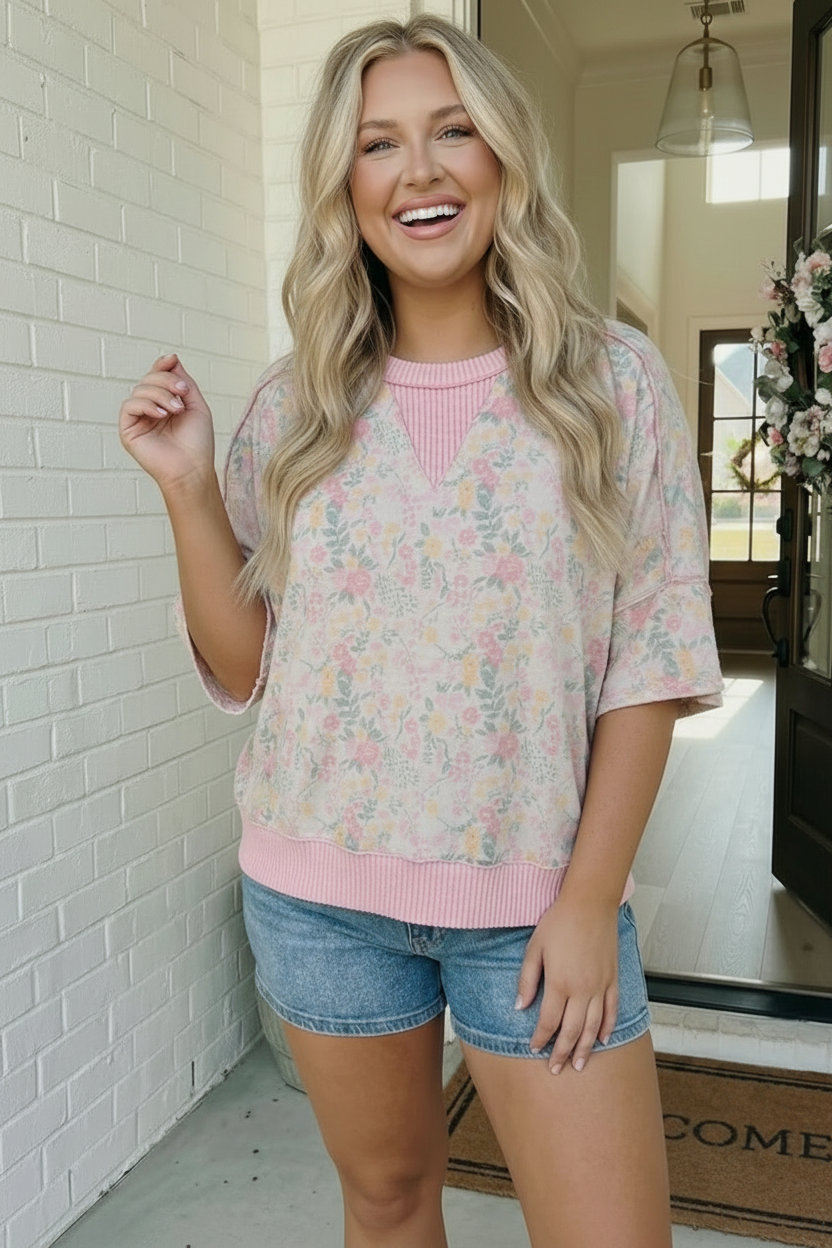 Haptics Pink Sweet Garden Floral Drop Shoulder Top