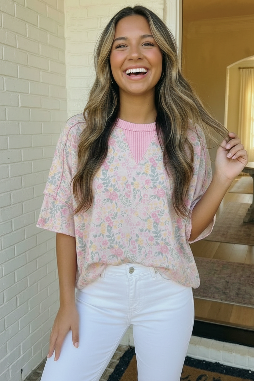 Haptics Pink Sweet Garden Floral Drop Shoulder Top
