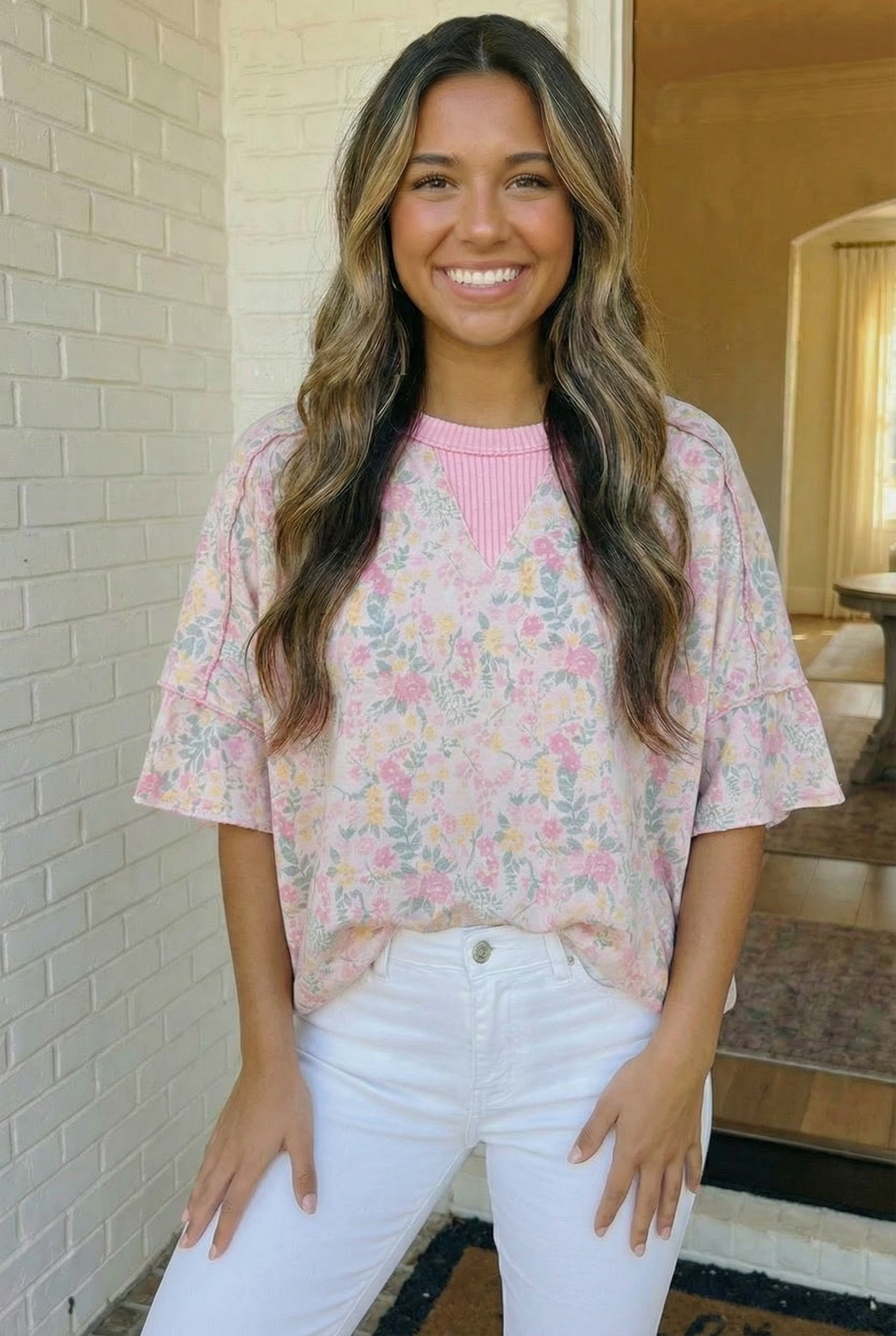 Haptics Pink Sweet Garden Floral Drop Shoulder Top