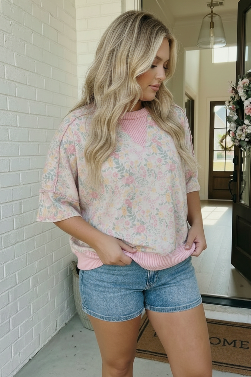 Haptics Pink Sweet Garden Floral Drop Shoulder Top