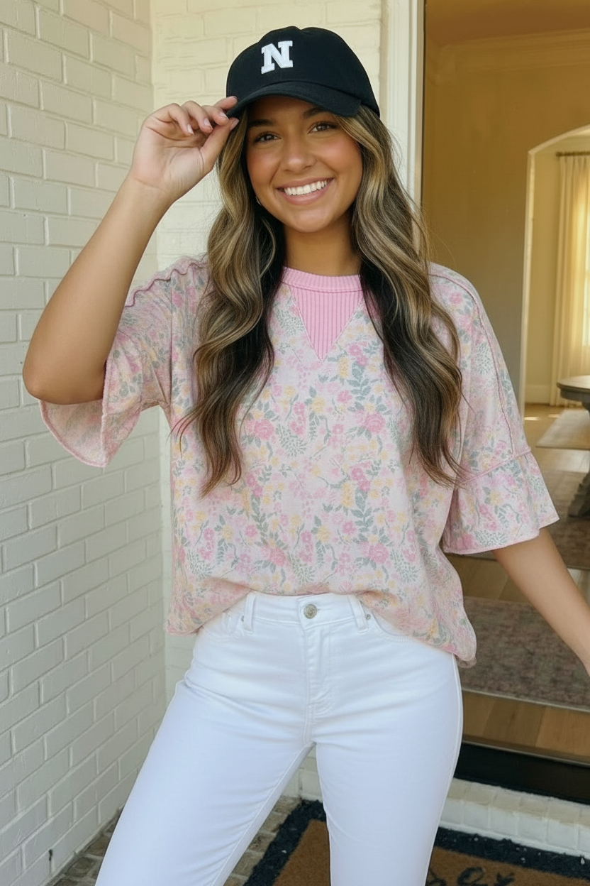 Haptics Pink Sweet Garden Floral Drop Shoulder Top