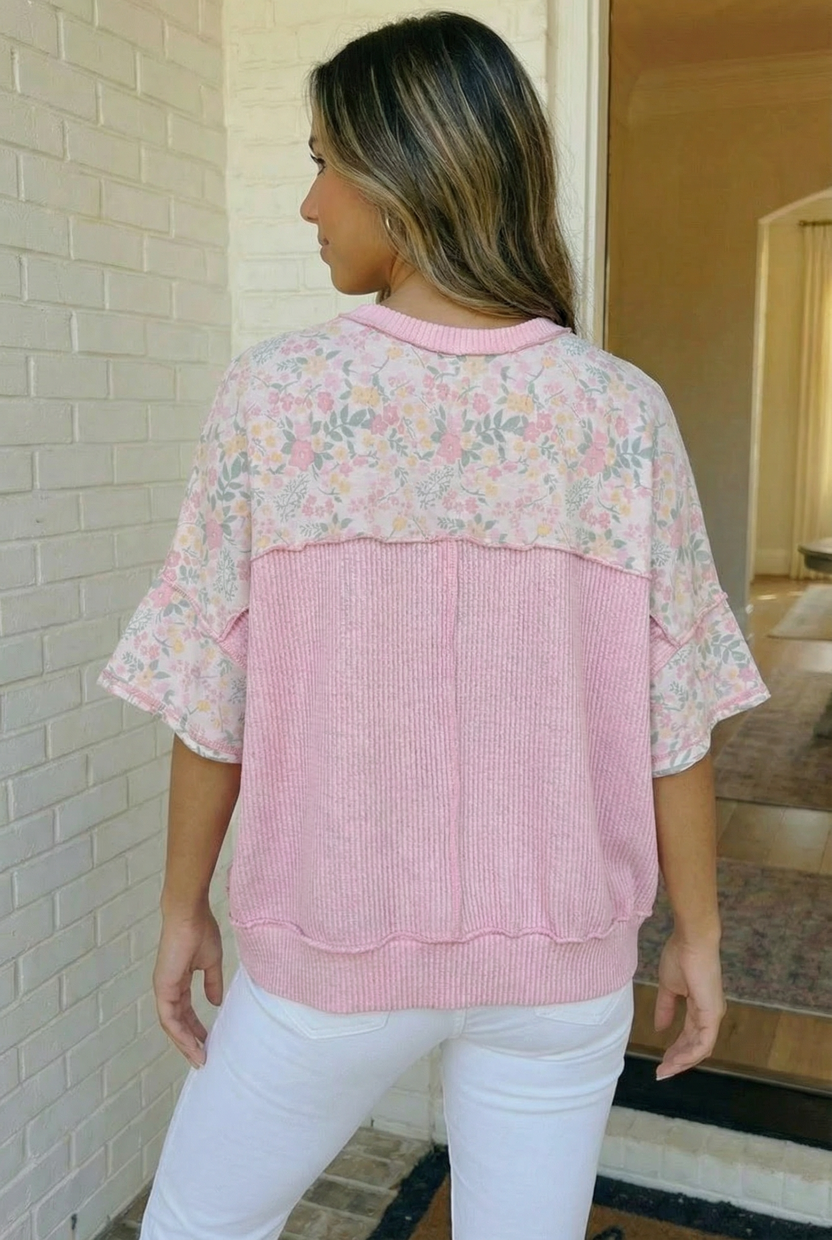Haptics Pink Sweet Garden Floral Drop Shoulder Top