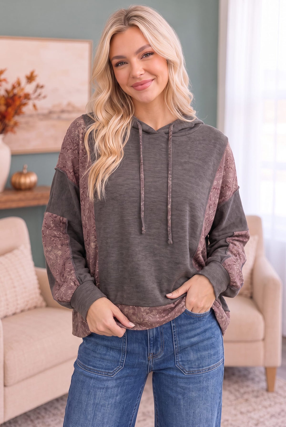 Haptics Mix and Match Patchwork Drawstring Hoodie