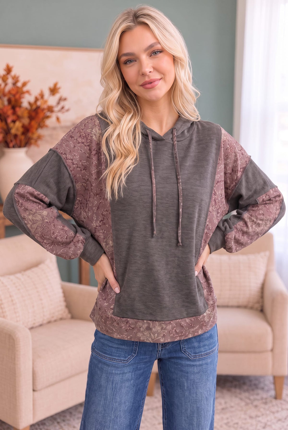 Haptics Mix and Match Patchwork Drawstring Hoodie