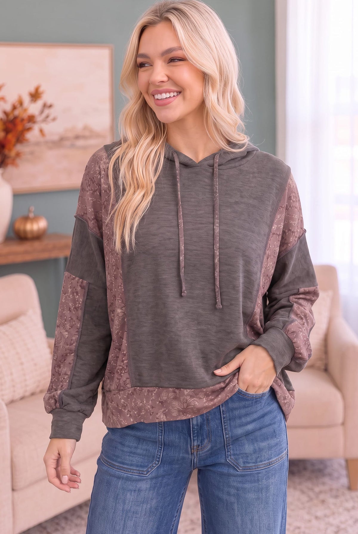 Haptics Mix and Match Patchwork Drawstring Hoodie