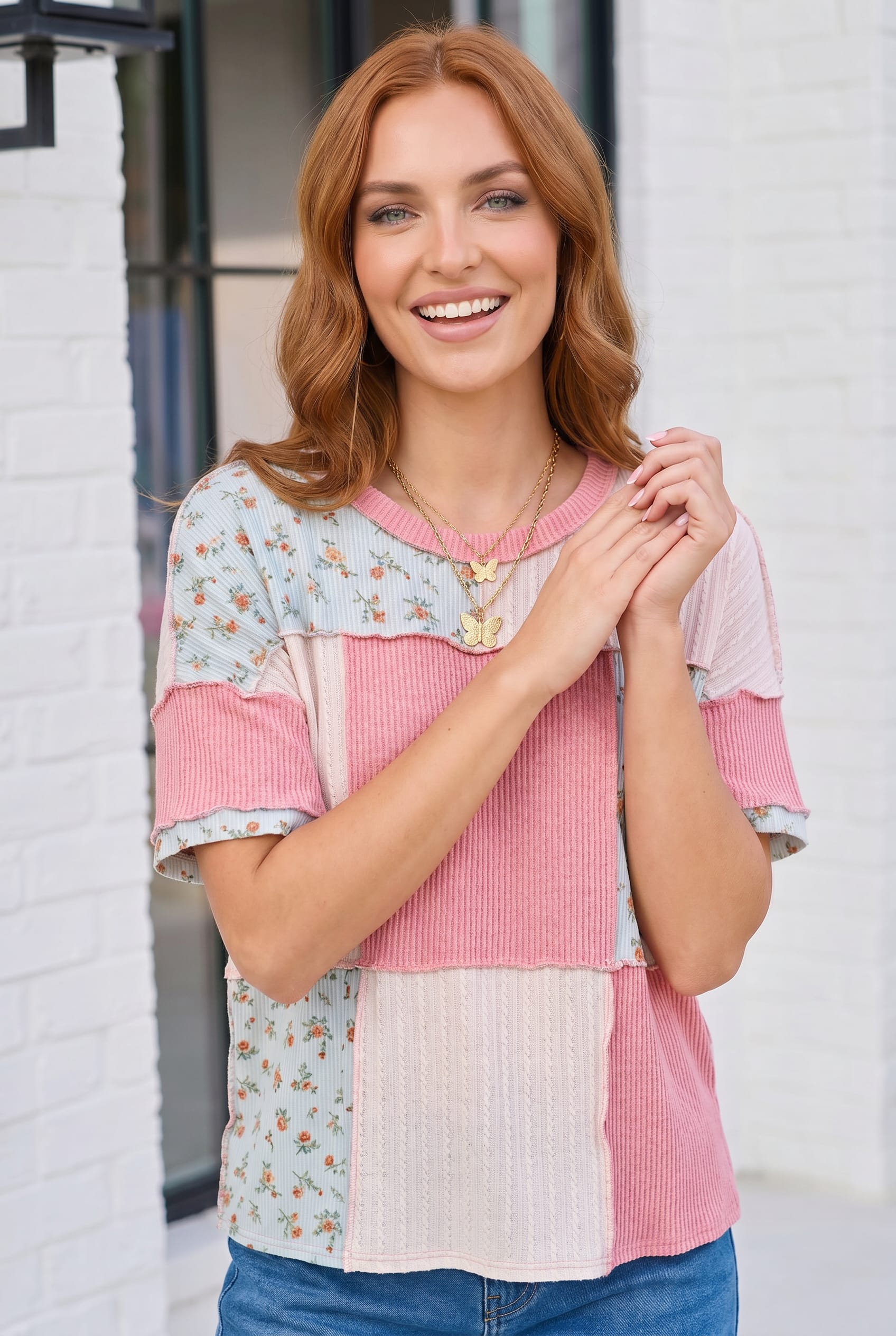Haptics Patchwork Floral Ruffle Top in Pink and Blue – Ruby Idol