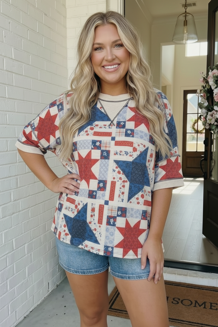 Haptics Stars and Floral Patchwork Print Top