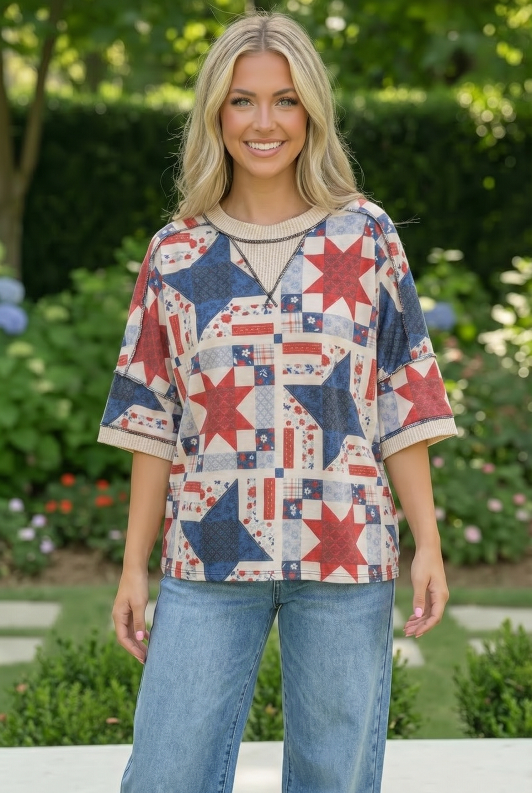 Haptics Stars and Floral Patchwork Print Top