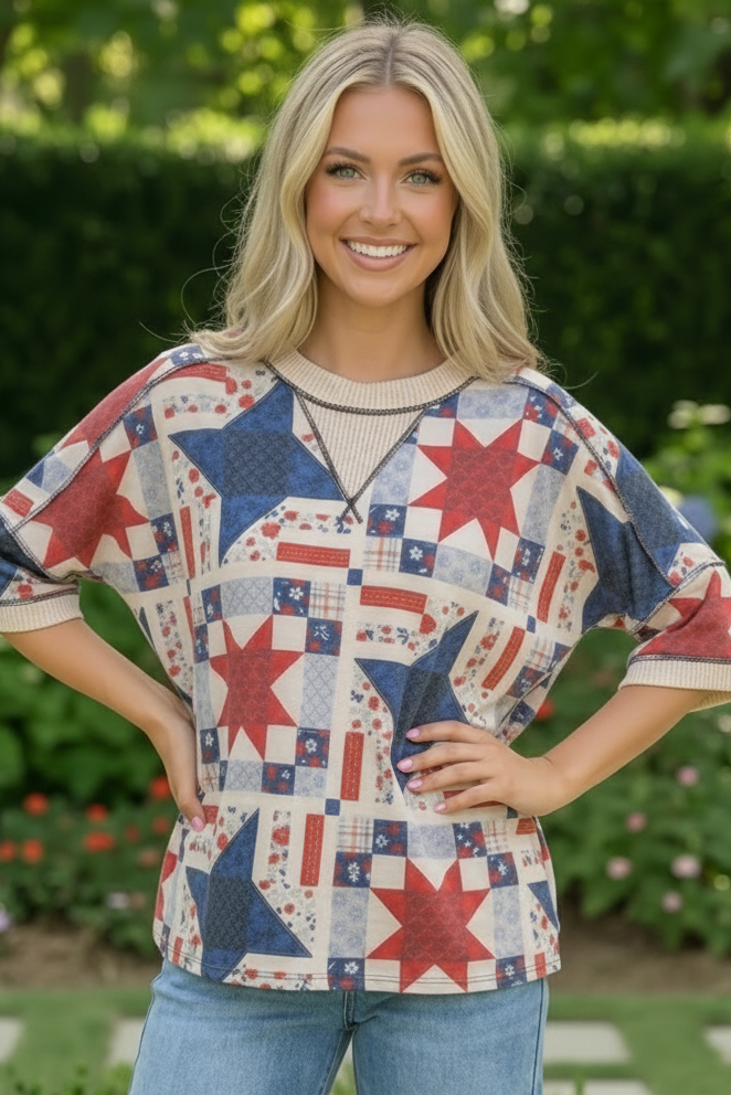 Haptics Stars and Floral Patchwork Print Top