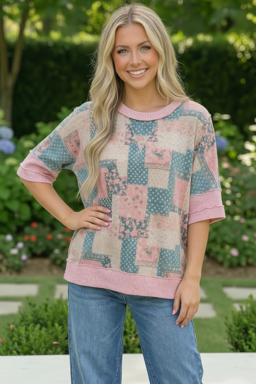 Haptics Polka Dot & Floral Patchwork Dreams Short Sleeve Top