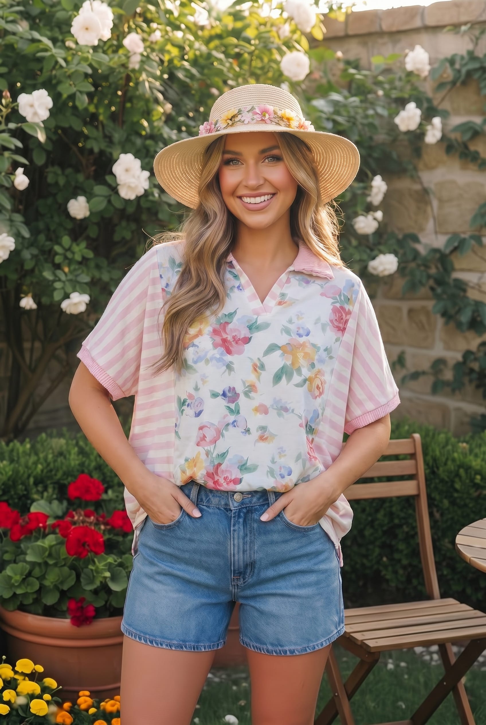 Haptics Strawberry Patch Floral and Stripe Mixed Top