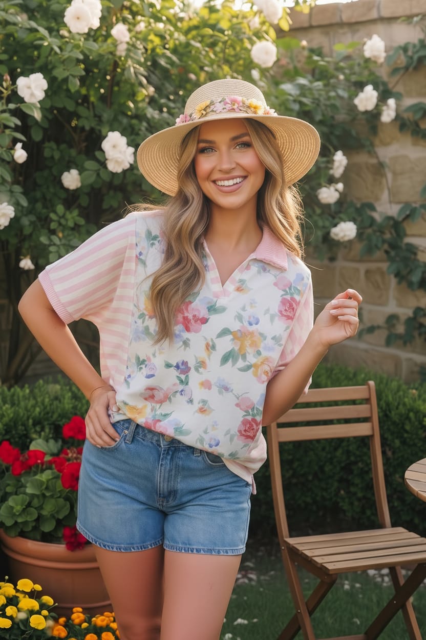 Haptics Strawberry Patch Floral and Stripe Mixed Top