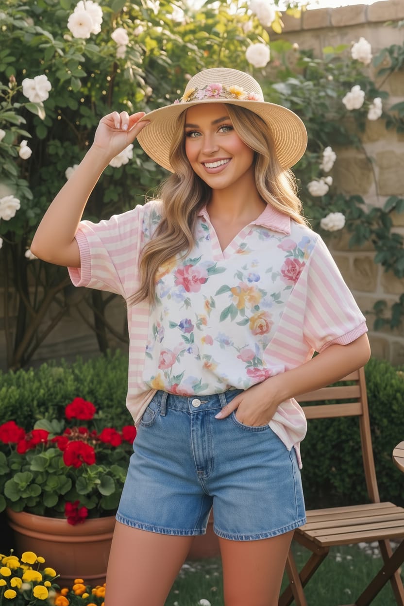 Haptics Strawberry Patch Floral and Stripe Mixed Top